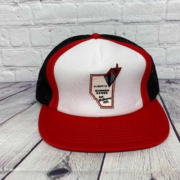 Vintage Trucker Hat Mesh Cap Snapback White Red Black Alberta Summer Games 1985 - Picture 5 of 9